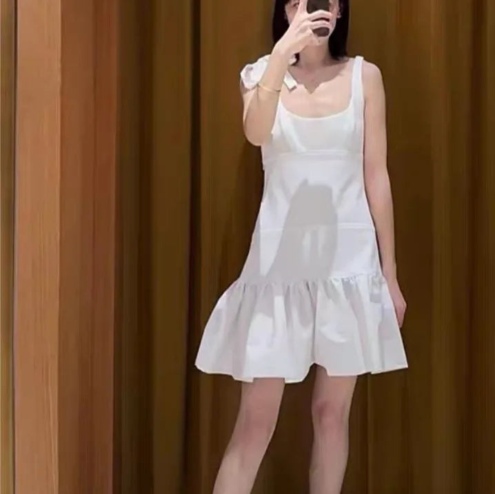 Women's white fashion patchwork dress with ruffled suspenders, slim-fitting square neck, elegant mini dress SwiftNest