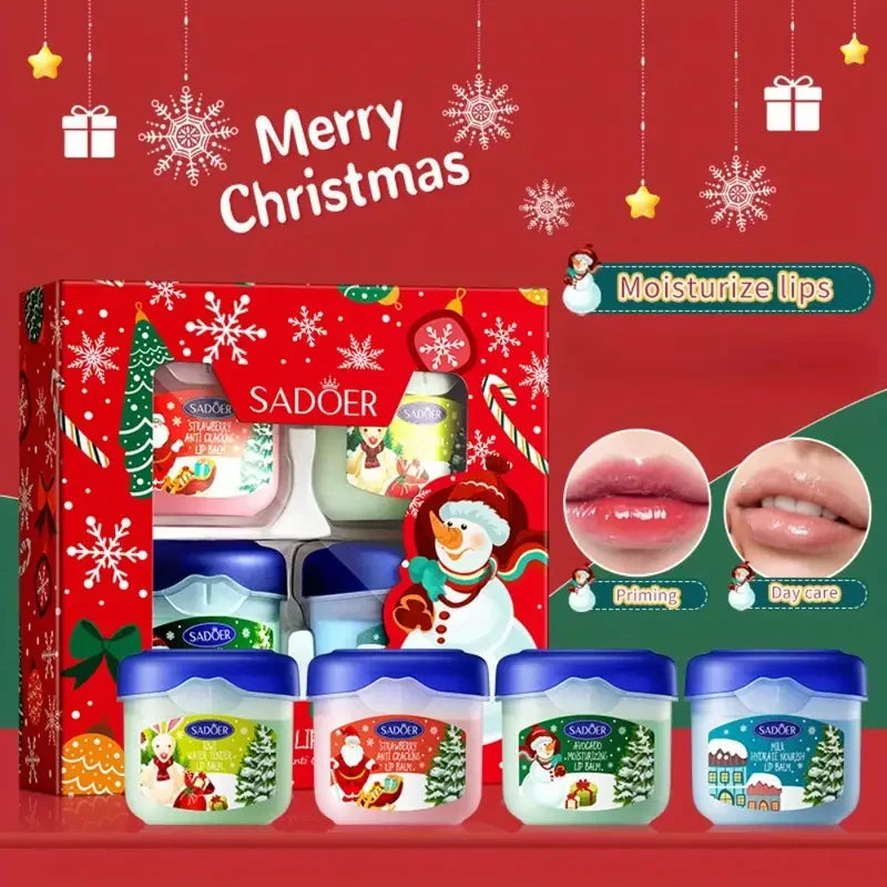 Christmas Gift Box,Lip Balm 4PCS/box Lip Makeup Set, Durable Moisturizer, Christmas Women's Gift Nourishing Lipstick Skin Care