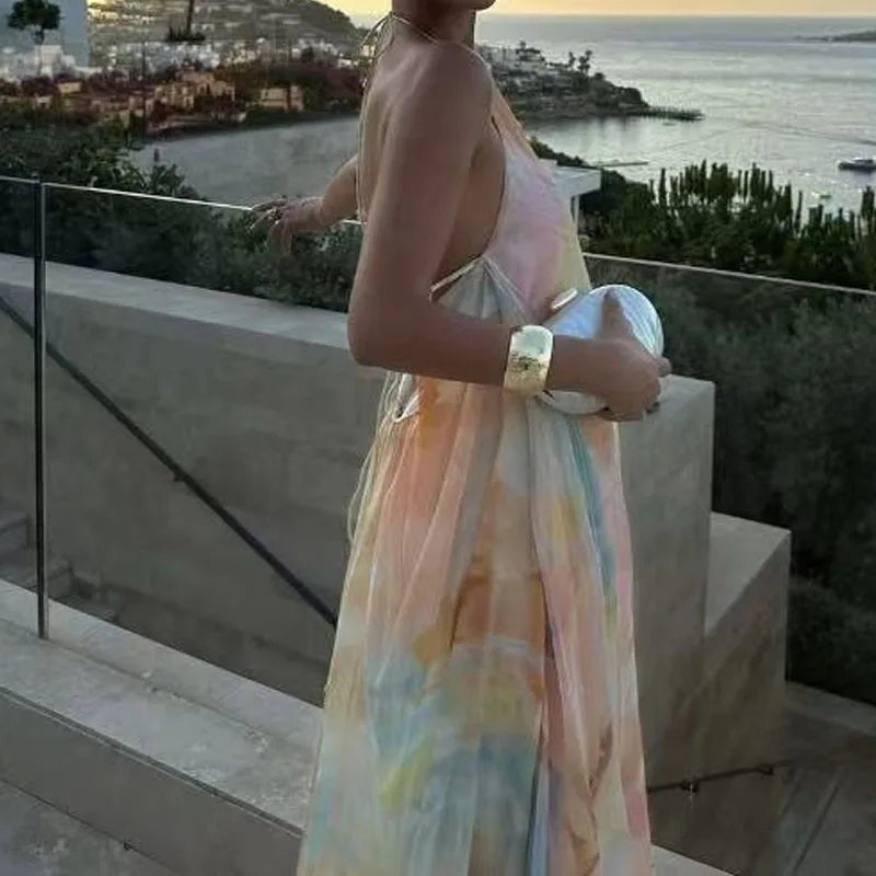 Women Fashion Pattern Print Loose Bohemian Dress Sexy Backless Hollow Party Dress Elegant Halter Sleeveless Vacation Long Dress