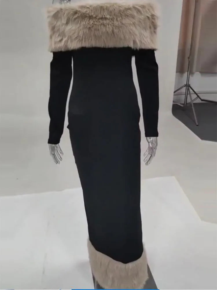 Women's clothing 2025 autumn and winter new fashion fur collar long sleeved temperament slim evening dress dress