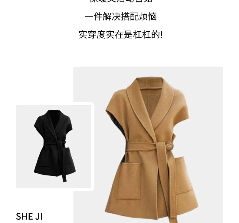 سترة صوف أنيقة للنساء لخريف وشتاء، صدرية متوسطة الطول من الصوف على الوجهين، سترة أنيقة للنساء مع مشبك على شكل حصان