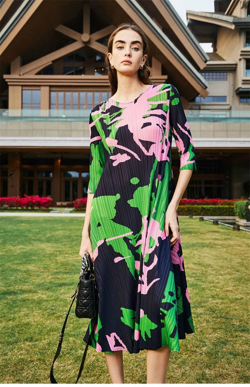 Women's Dress Womens Dresses New Pleated Fashion Temperament Loose Plus Size Dress Slim 2025 Long Skirt new Print Long Section