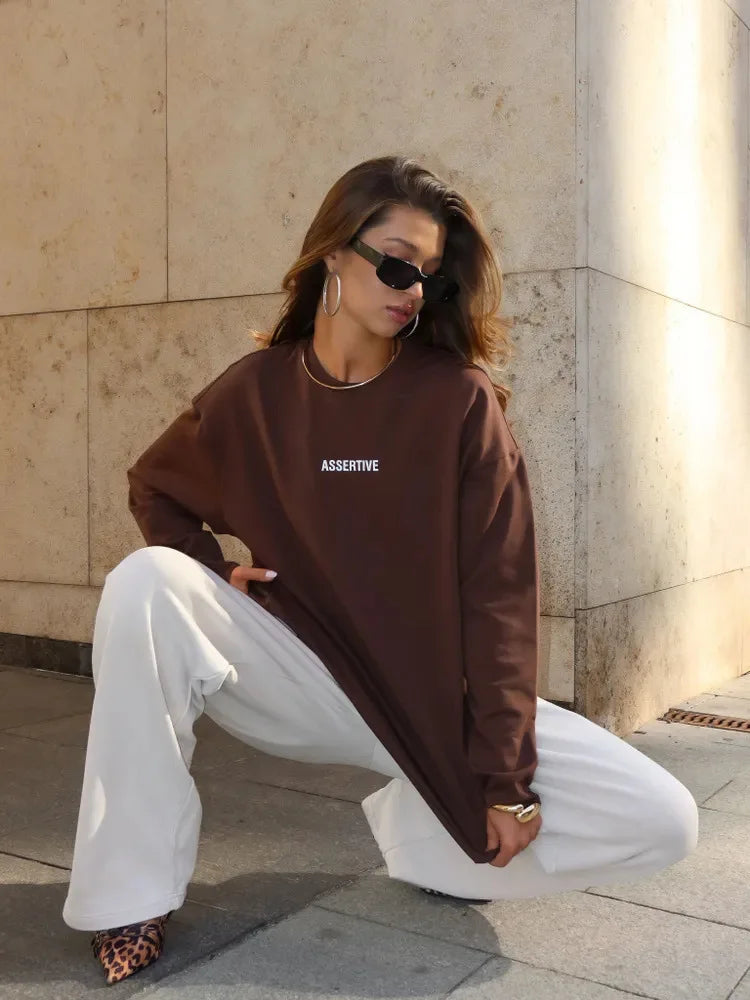 Women's Clothing Spring Loose Solid Color Round Neck Long Sleeve Tops Casual Fashion Simple Style All-match Trendy Comfortable