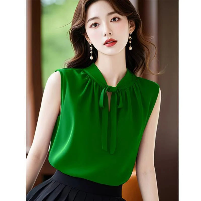 French Women Fashion Chiffon Blousees Vest Summer Ladies Bow Blouse Waistcoat High-grade Female Solid Color Sleeveless Shirts