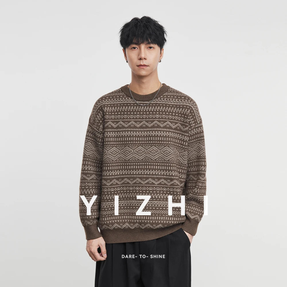 Fashion Men's Knitwear 2025 Autumn Winter New Season Lazy Fair Isle Contrast Retro Loose Crewneck Sweater Pullover