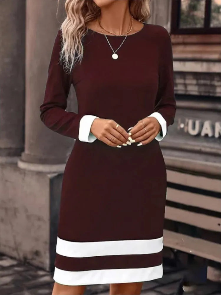 Women's New Autumn Winter Fashion Sexy Tight Fitting Color Blocked Dress Long Sleeved Round Neck Women's Clothing