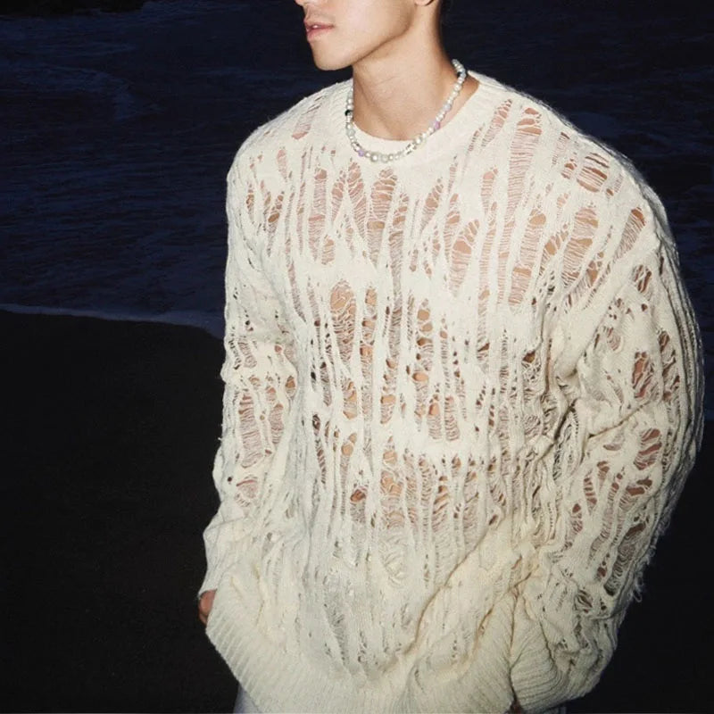 【 Fashion Items 】 Men's Laid-back Style Openwork Long-sleeved T-shirt , See-through Tattered Style Long-sleeved Knitted Sweater