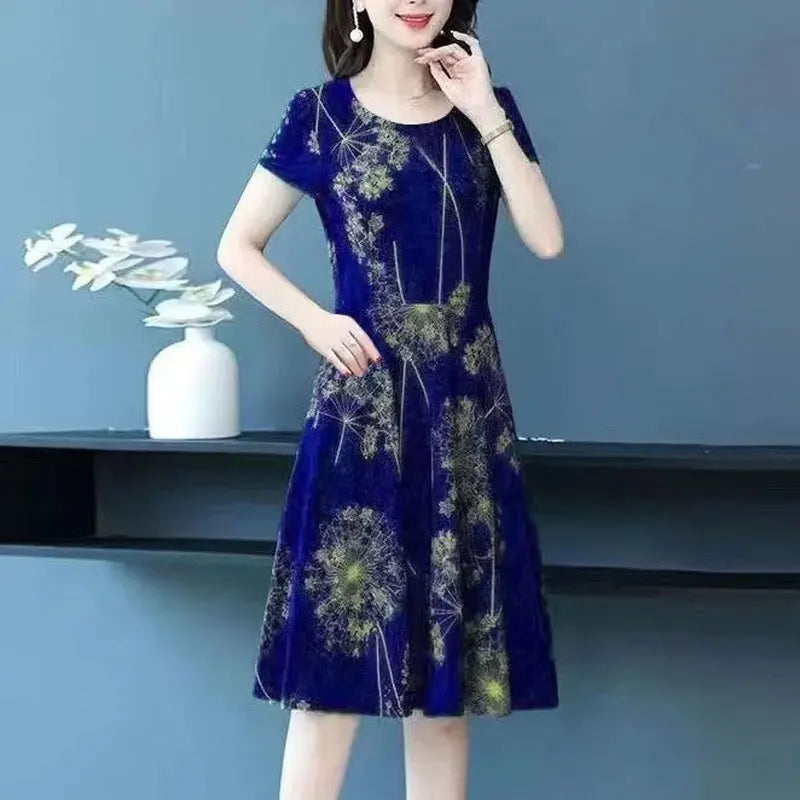 Women's Clothing Fashion Short Sleeve Midi Dress Vintage Printed 2025 Summer A-Line Waist Commute Elegant V-Neck Spliced Dresses SwiftNest