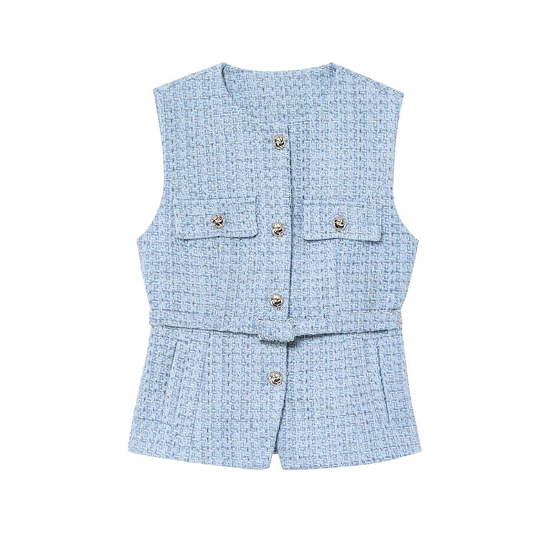 Women's Tweed Waistcoat Fashion with Belt O NeckSleeveless Vests Female Outerwear Chic Tops SwiftNest