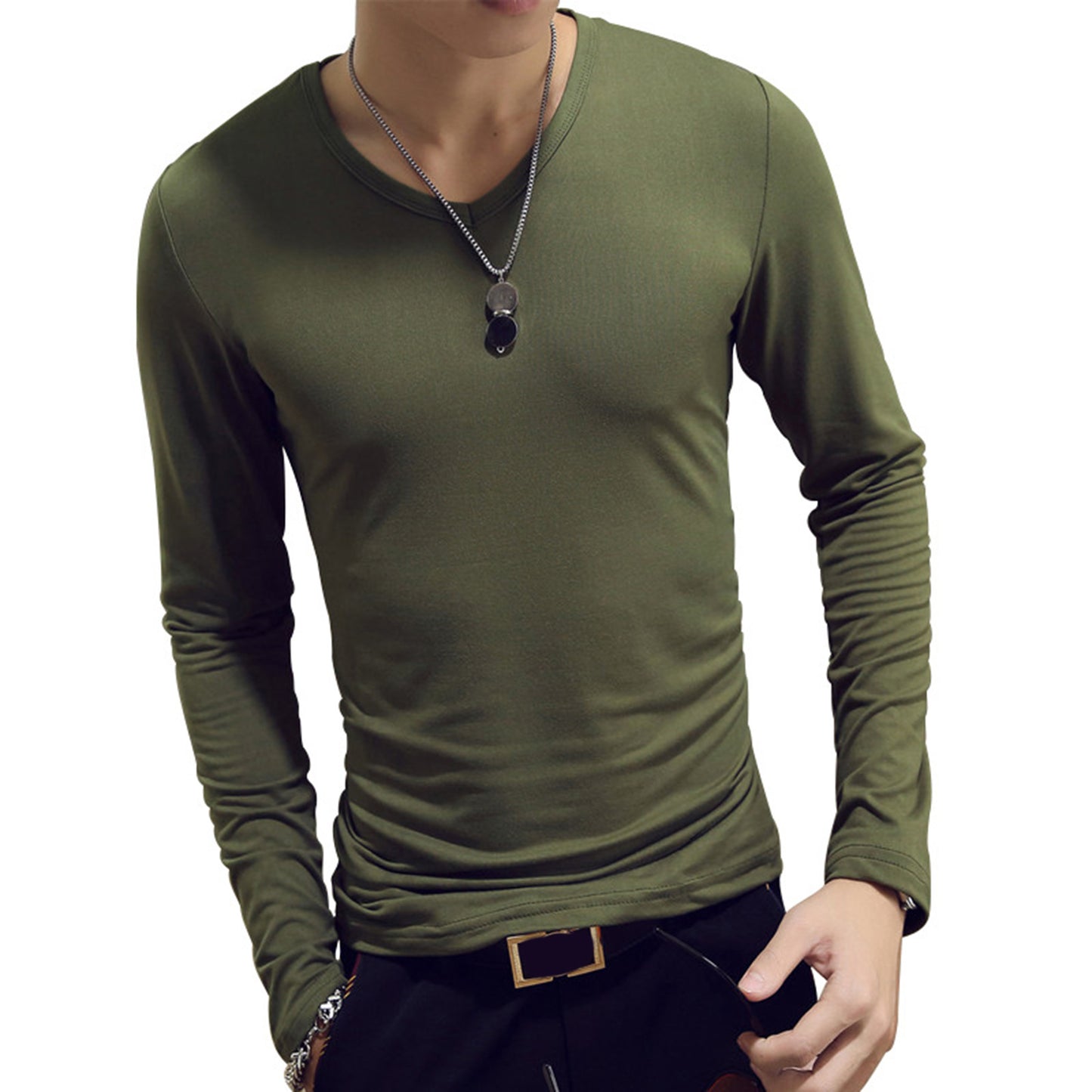 Mens Clothing Fashion V Neck Slim Fit T-shirt Long Sleeve Simple Classic Style Undershirt Casual Solid Color Tees Tops