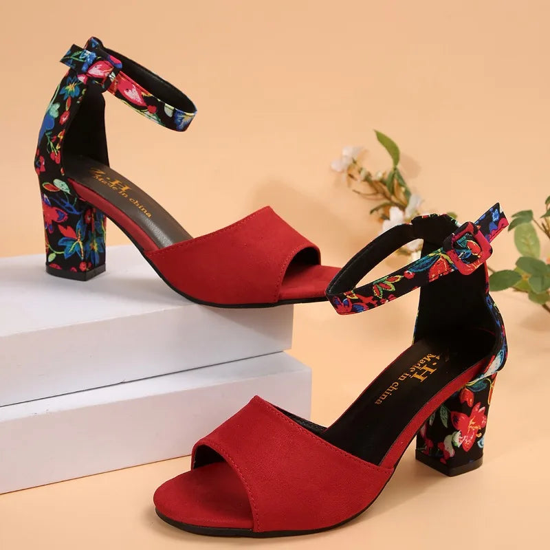 Summer New Thick Heel Sandals for Women Round Head Open-toe Line with Printed Non-slip Wear-resistant Fish Mouth High Heels