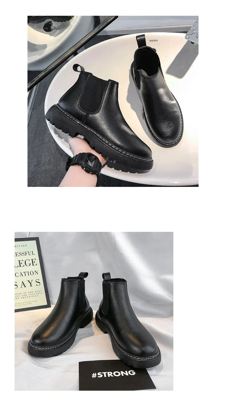 Mens Handmade Leather Chelsea Boots Elastic Sides Business Casual Dress Shoes Anti Slip Sole Comfortable Black Footwear