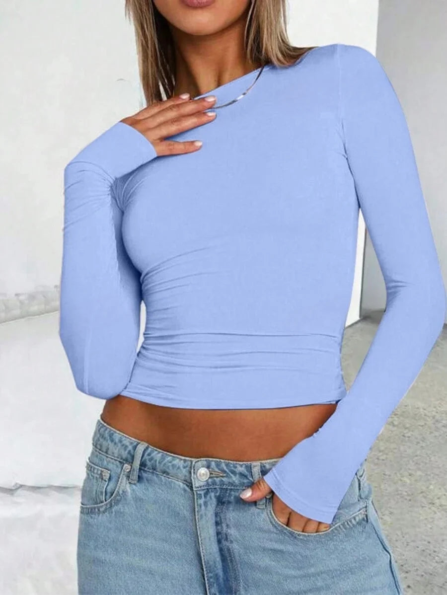 Womens Long Sleeve Shirts Basic Spring Crop Tops Fall Fashion Layering Slim Fitted Y2k Tops