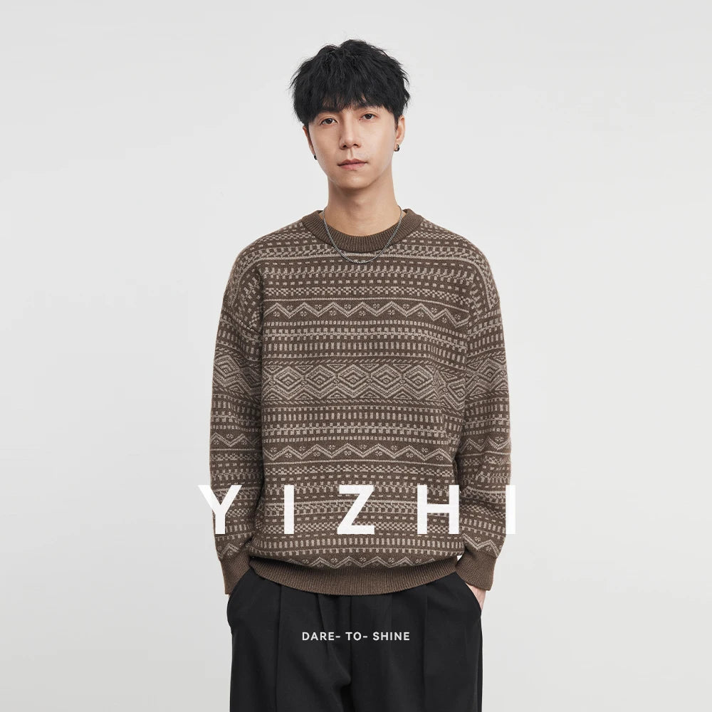 Fashion Men's Knitwear 2025 Autumn Winter New Season Lazy Fair Isle Contrast Retro Loose Crewneck Sweater Pullover