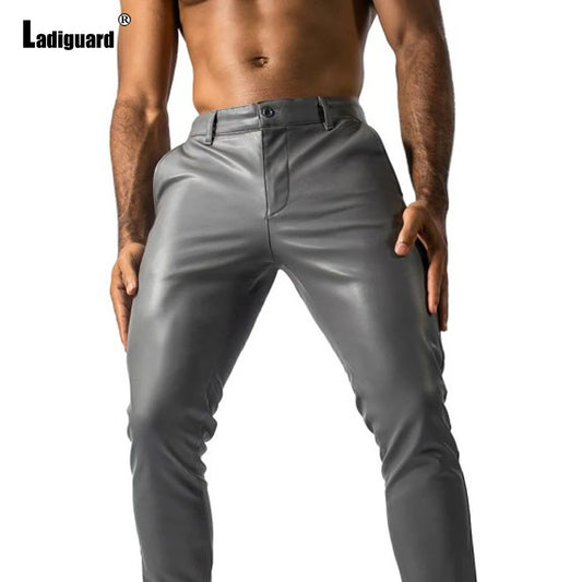 2025 Mens Fashion Rock Style PU Leather Pants Sexy Night Club Dance Pants Men's Grunge Faux Leather Slim Motorcycle Trousers New