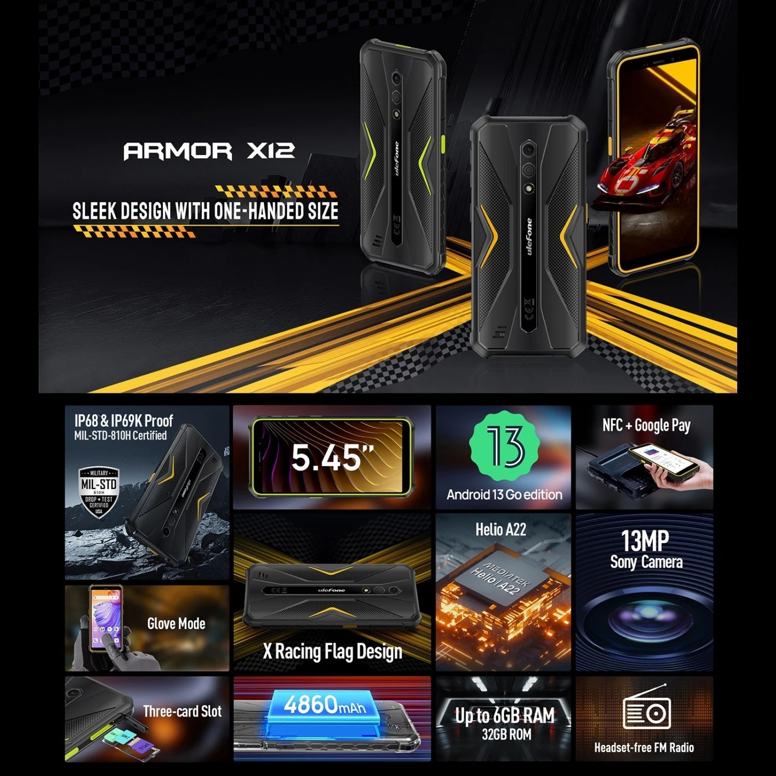 هاتف Ulefone Armor X12 المتين بنظام Android 13، حتى 6 جيجابايت (3 جيجابايت + 3 جيجابايت) ذاكرة وصول عشوائي 32 جيجابايت ROM 5.45 بوصة 4860 مللي أمبير في الساعة 13 ميجابكسل هاتف ذكي NFC الإصدار العالمي