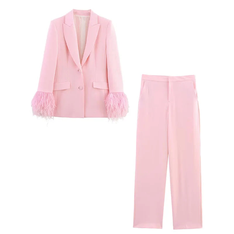 طقم نسائي وردي من HH Fashion، يتكون من سترة ريشية بياقة مطوية وأكمام طويلة وصدر واحد + بنطال طويل بسحاب وجيوب وخصر مرتفع