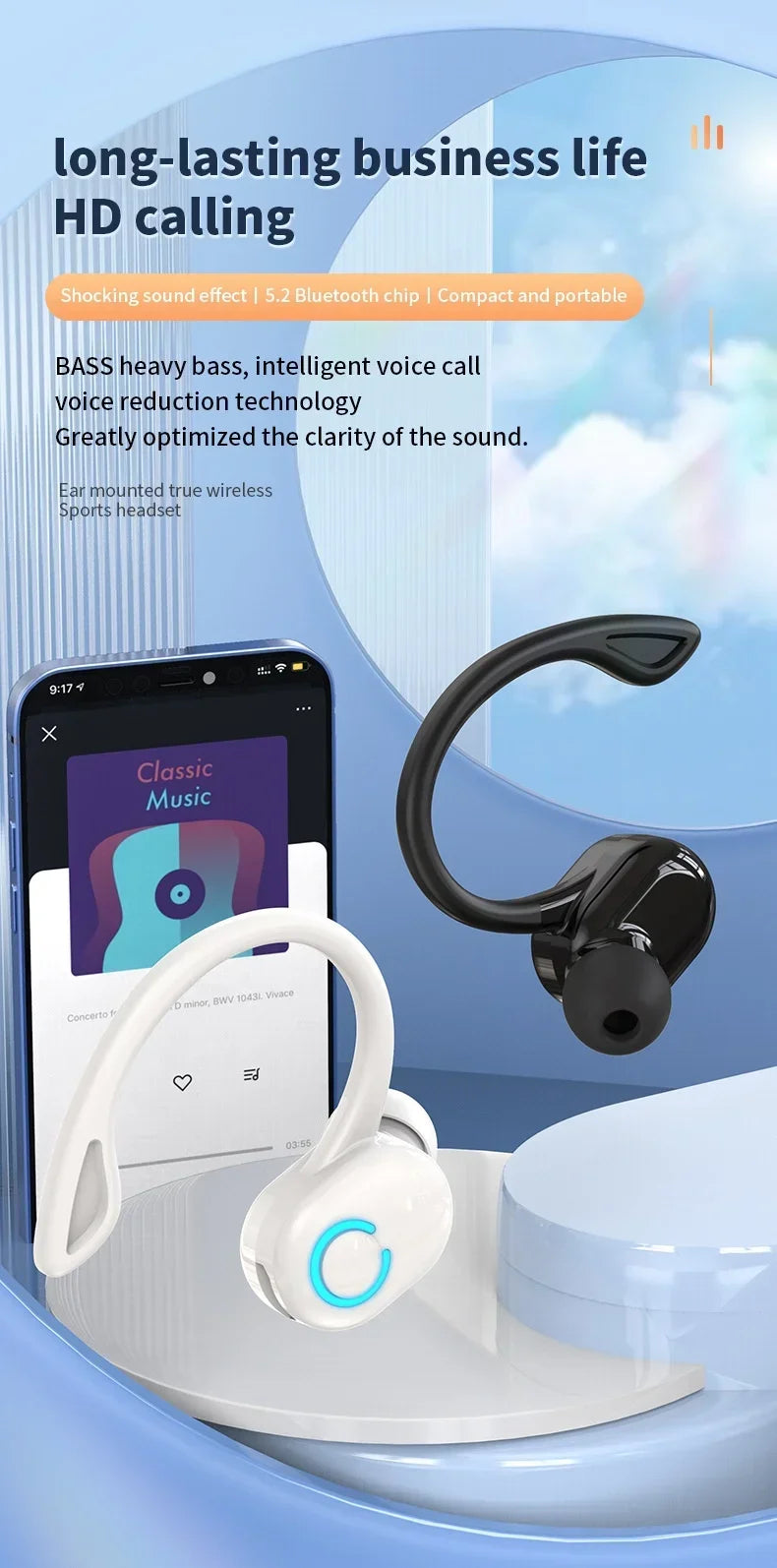 Bluetooth 5.2 Business Wireless Headphone Ear-Hook Mini HIFI Bass Noise Cancelling Earphone With Mic Earbuds Sport Game Headset
