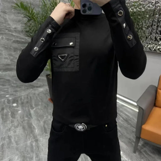 Fashion 2025 Men's Autumn Round Neck Long-sleeved T-shirt Versatile Fashion Black Personalized Base Shirt