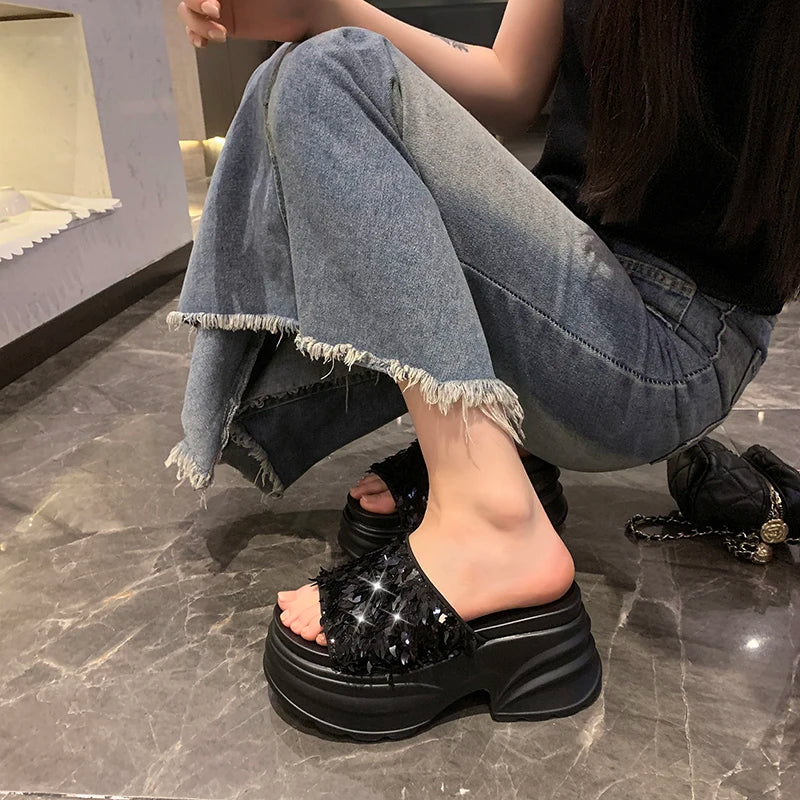 Aphixta Platform Sequined Cloth Sandals Slippers Women 8CM High Wedge Slides Women Shoes Gold Beach Slides Shoes