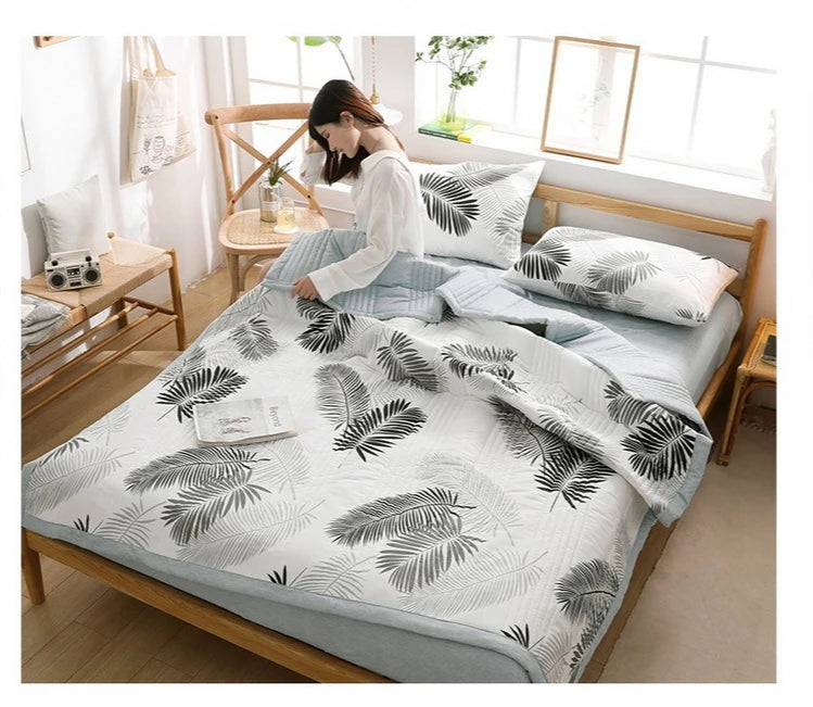 لحاف صيفي من القطن المغسول، لحاف مكيف للهواء، بطانية ناعمة وجيدة التهوية، مفرش سرير مطبوع عليه أوراق رقيقة، غطاء سرير، منسوجات منزلية