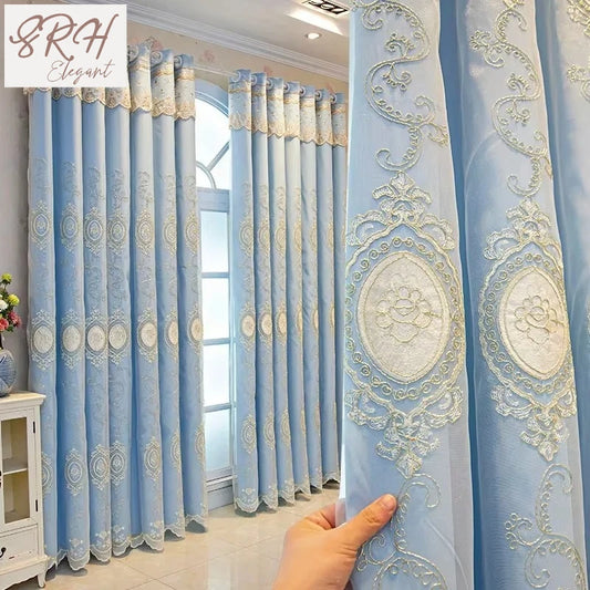 Custom Curtains for Living Dining Room Bedroom Luxury European Double-layer Fabric Gauze Integrated Embroidery Blackout Decor