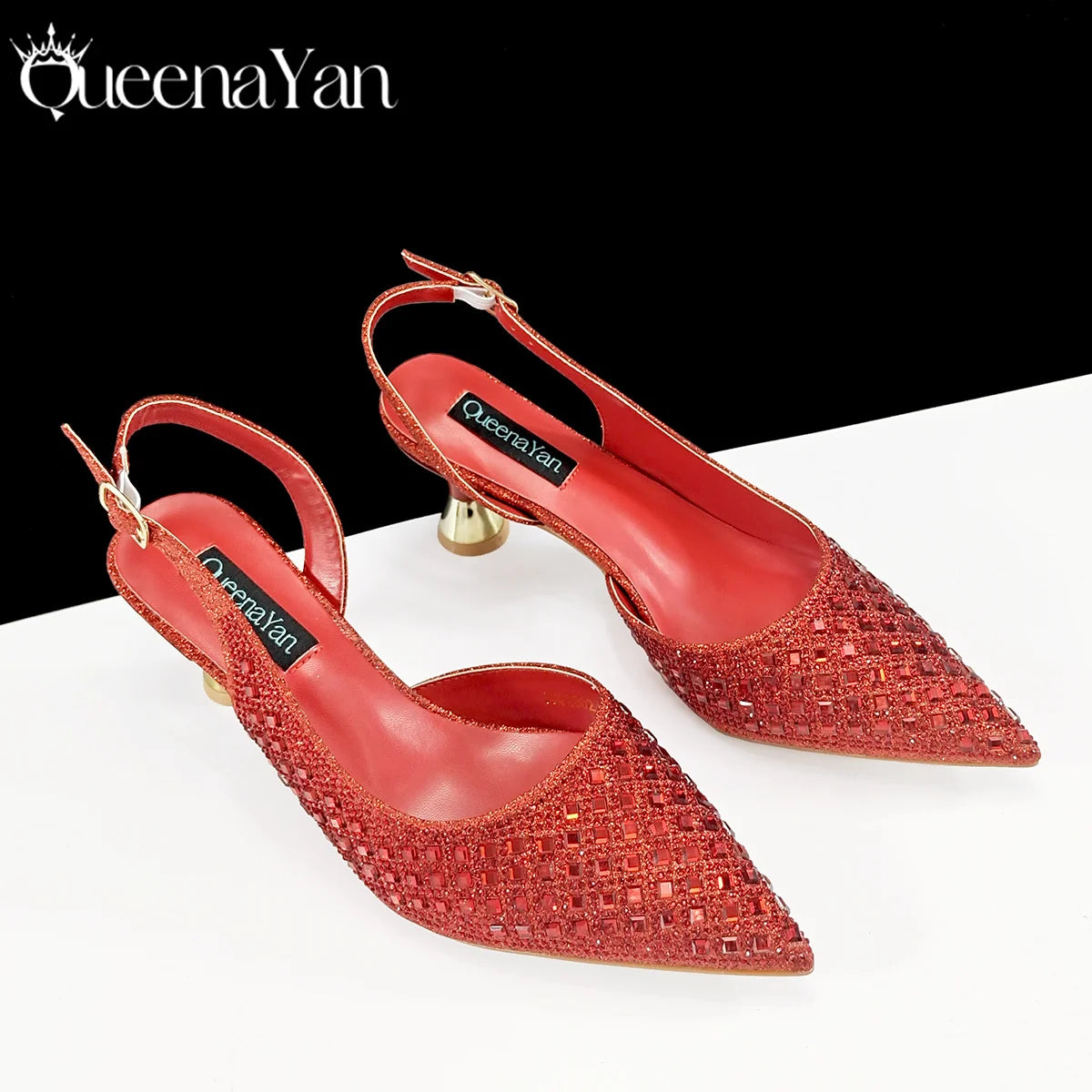 Queena Yan Italian Design Rhinestone Luxury Green Colour Pointed Toe Shoe & Bag Set Women's High Heels for Parties High Quality