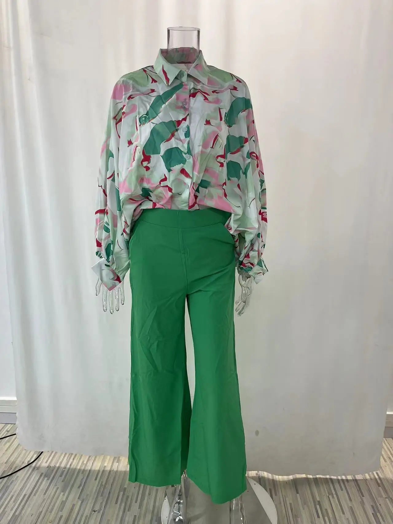 Fashion Casual Set Women 2024 Tops Shirt Elegant Wide Leg Pants Set Sense Of Design Printed Bell Sleeve Shirt Wide Leg Pants SwiftNest
