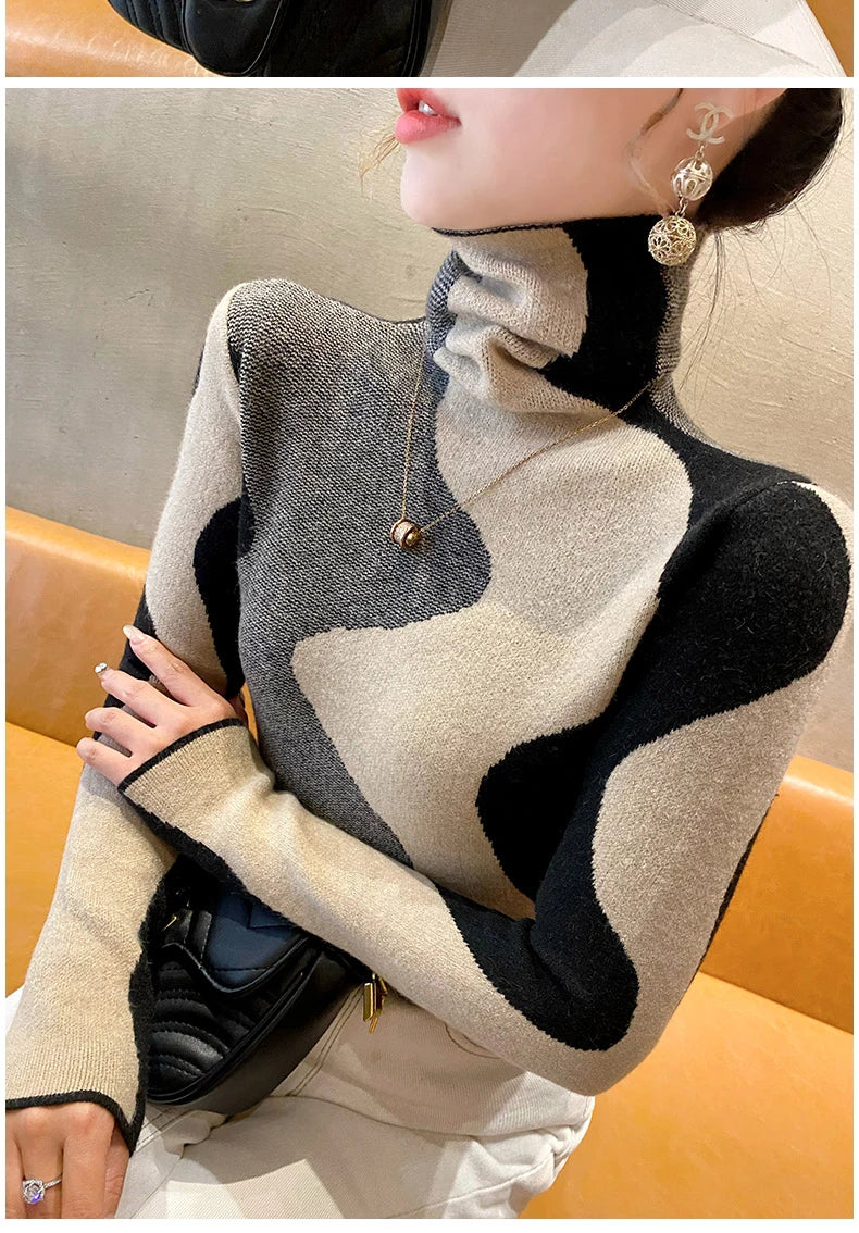 Women Clothing Vintage Fashion Slim Turtleneck Sweaters Autumn Winter Elegant Chic Patchwork Knit Pullovers Office Lady Tops