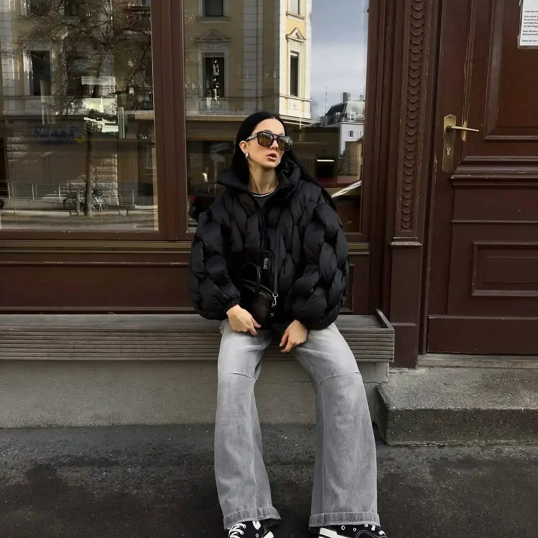 Women Fashion Solid Stand Collar Short Cotton Coat Casual Full Sleeve Zipper Pocket Loose Warm Jacket Lady Winter  Commute Wear