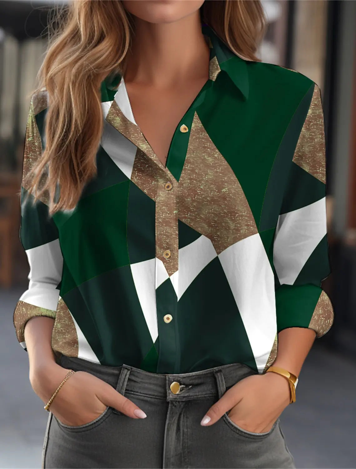 Women's  Fashion Geometric Buttons Blouse Lapel Neck Blouse Womens Long Sleeve Shirts Womens Clothing Female Clothing