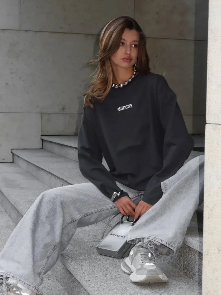 Women's Clothing Spring Loose Solid Color Round Neck Long Sleeve Tops Casual Fashion Simple Style All-match Trendy Comfortable