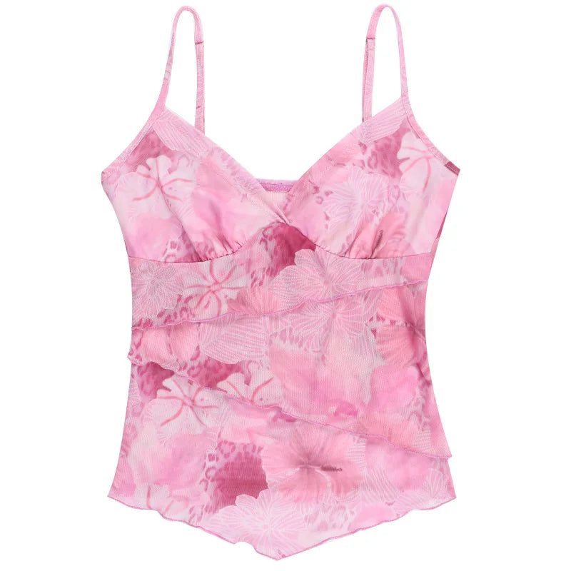 Floral Print Sexy Tops For Women Fashion Edgy Clothes Y2k Accessories Spaghetti Strap Crop Top Chiffon Camison Verano Ropa Mujer SwiftNest