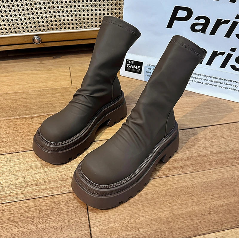 Platform Heel Women Short Booties Fashion Back Zippers Ankle Booties Retro Style Autumn Winter Female Shoes