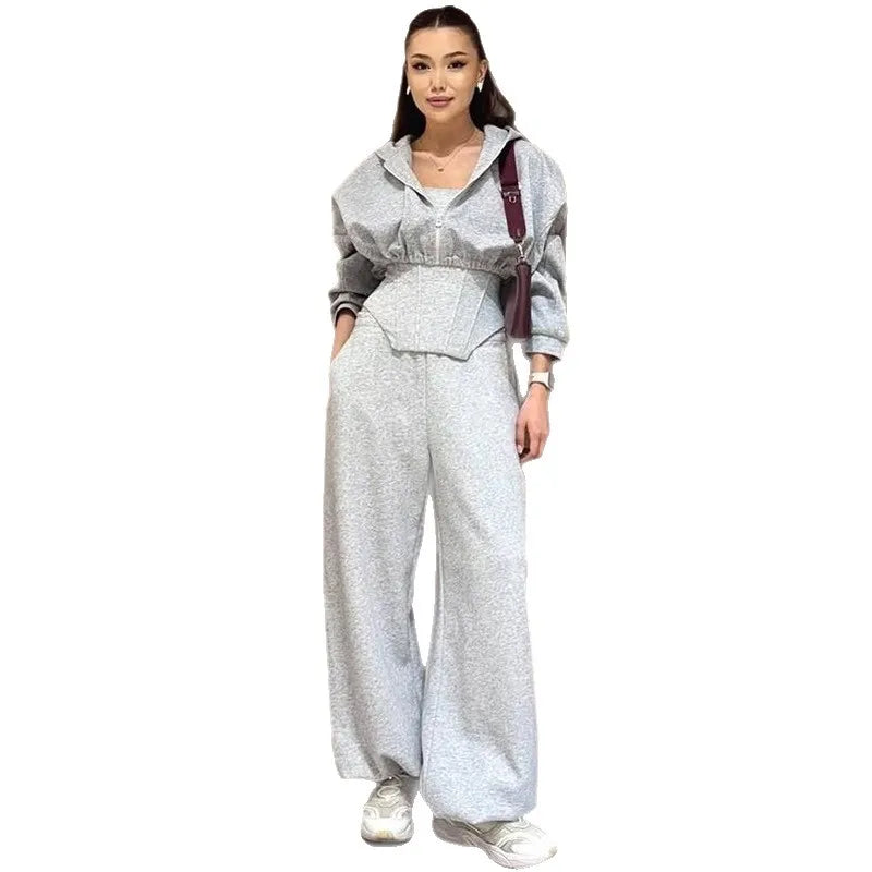 Women's clothing 2025 autumn new fashion hooded sweatshirt jacket vest wide leg pants three piece set