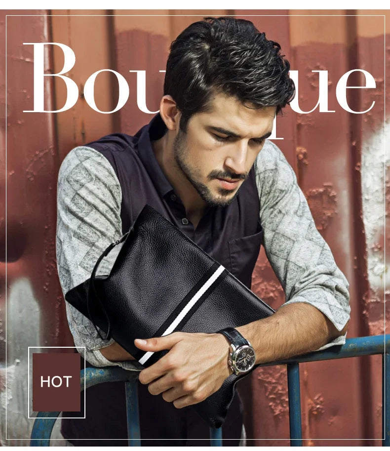 حقيبة يد أصلية من SENOFAN للرجال مخططة من جلد البقر الطبيعي، حقيبة يد رجالية، محفظة بتصميم مظروف، إصدار كوري رائع