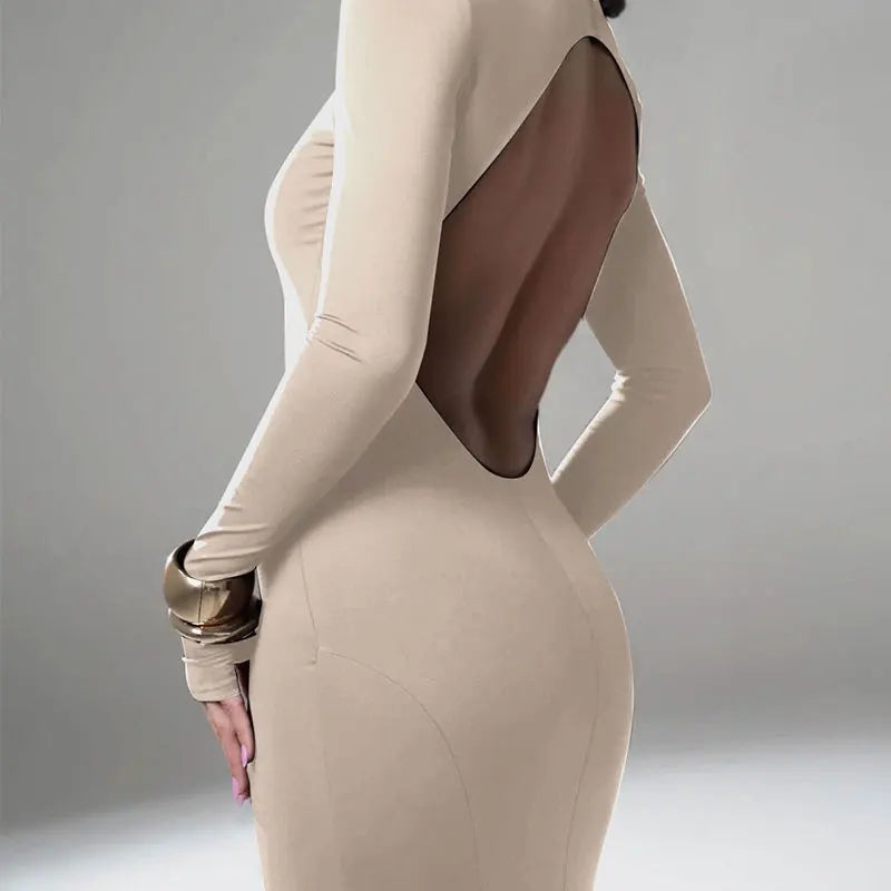Women's Dresses Autumn Winter New Sexy Solid Backless Elegant Dress Streetwear Fashion Casual Slim Turtleneck Long Sleeves Dress