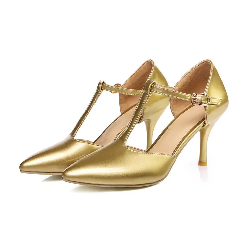 Women's High Heels Pumps D'Orsay Shoes Large Size 48 Sweet Point Toe Summer Sandals T-straps Red Pink Gold Heeled Wedding Shoes