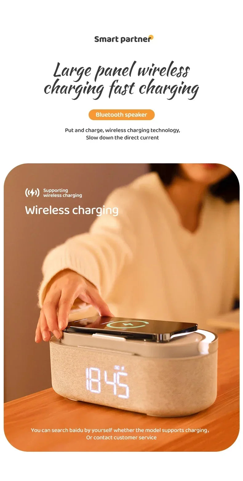 مكبر صوت بلوتوث 2500 مللي أمبير في الساعة يدعم الشحن اللاسلكي 15 وات وشاشة ساعة رقمية وساعة منبه بإضاءة ليلية وستيريو بلوتوث