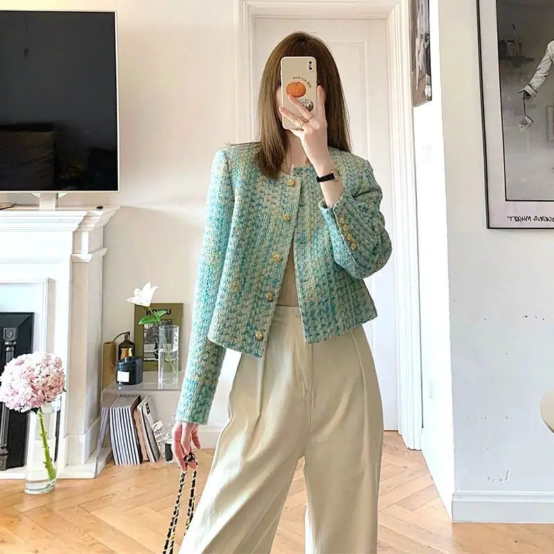 جاكيت عصري للنساء 2025، بلوزة قصيرة متعددة الاستخدامات من التويد المضفر، مناسبة لفصل الربيع والخريف