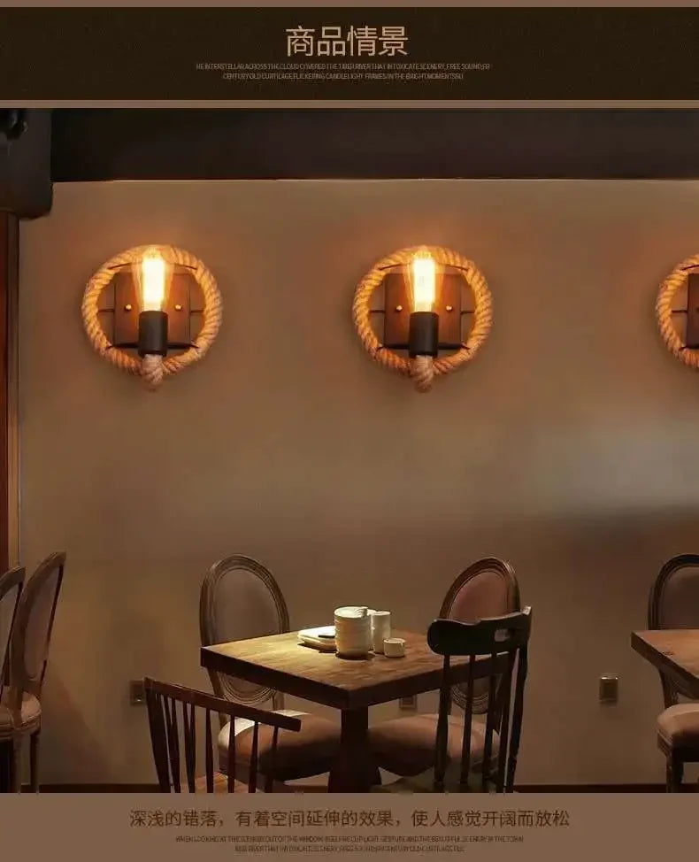 Bedside bedroom decorative wall lamp retro staircase hallway iron hemp rope lamp American industrial style Sconce lamp