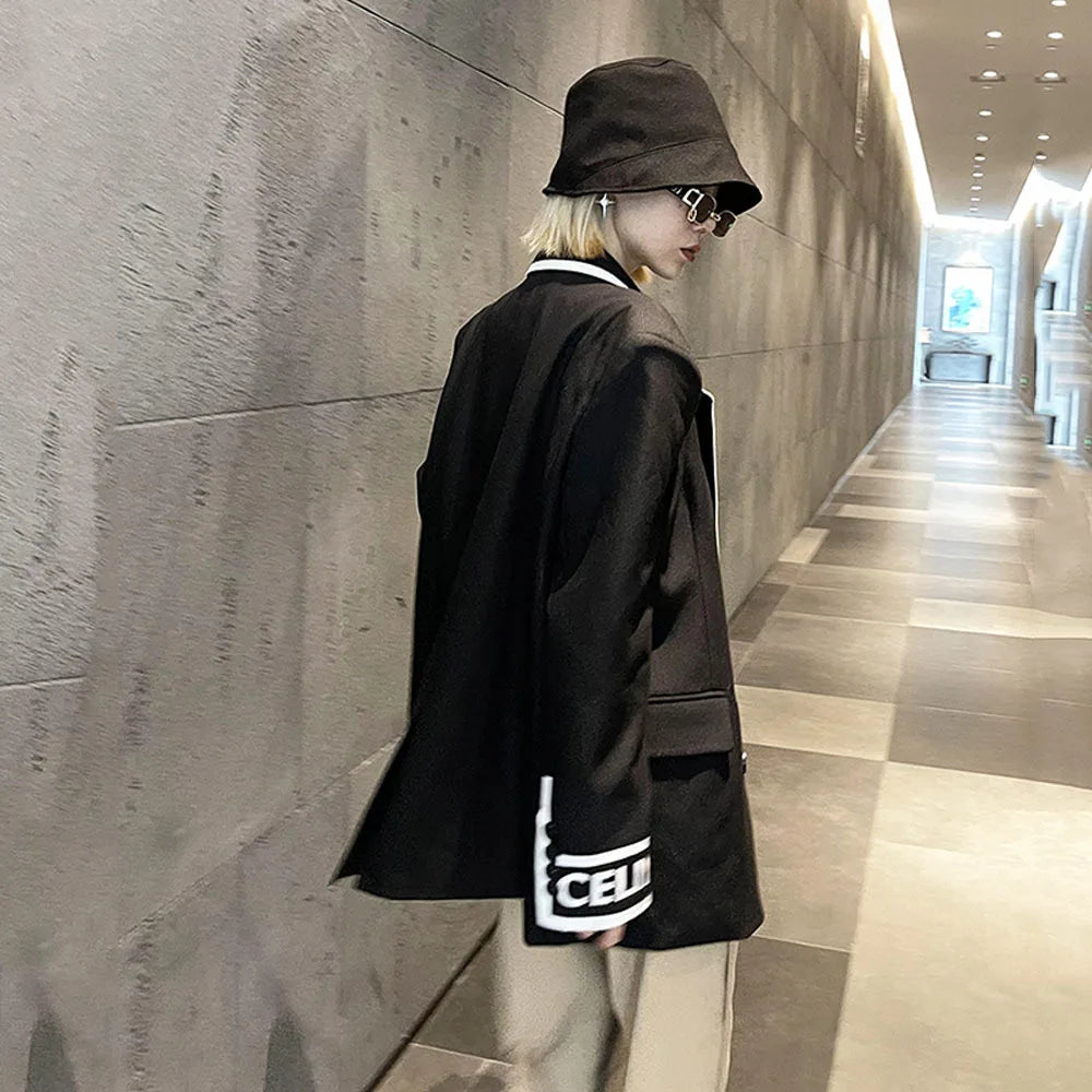 Women Fashion Jacket Wedding Casual Business High Quality Black Blazer Suit Coat Ladies Double Breasted Letter Long Sleeve Tops