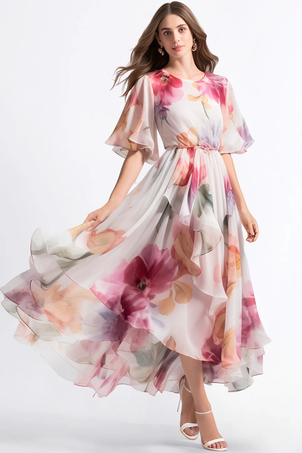 Women's Clothing Fashion Everyday Pink Chiffon Floral Print Flutter Sleeve Maxi Dress