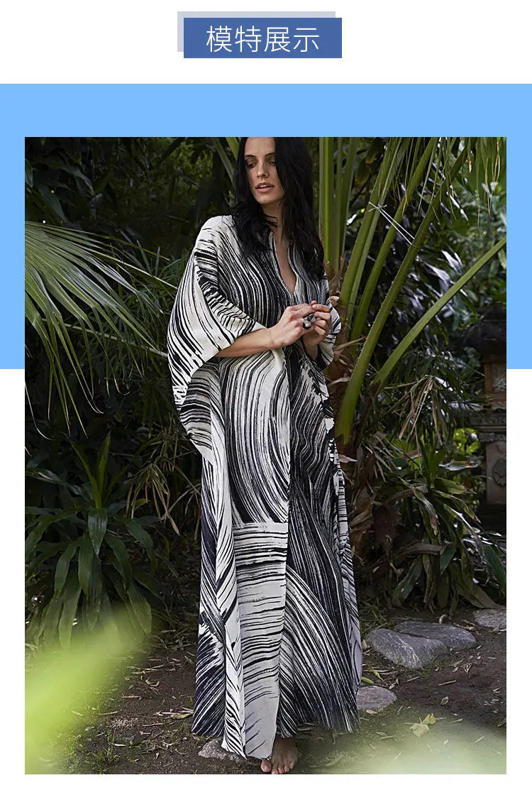 Women's Dress Fashion Beach Vacation Striped Printed Robe 2023 Summer New Casual Vintage Loose Waist V-Neck Long Dresses Female