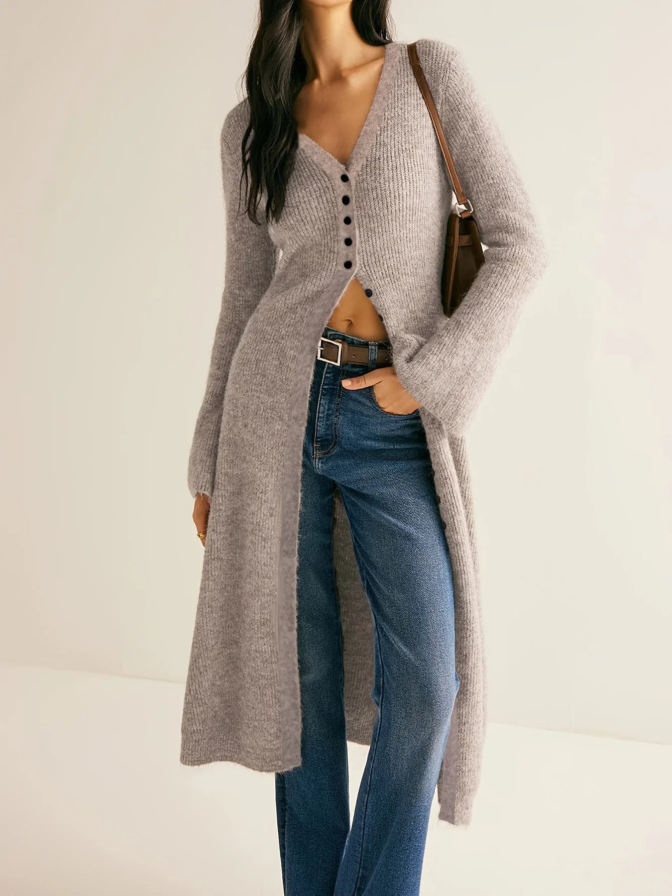 فستان نسائي: كارديجان محبوك رفيع عالي الجودة بفتحة رقبة على شكل حرف V، فستان طويل محبوك متوسط ​​الطول بلون واحد للنساء، سترة واقية من الرياح