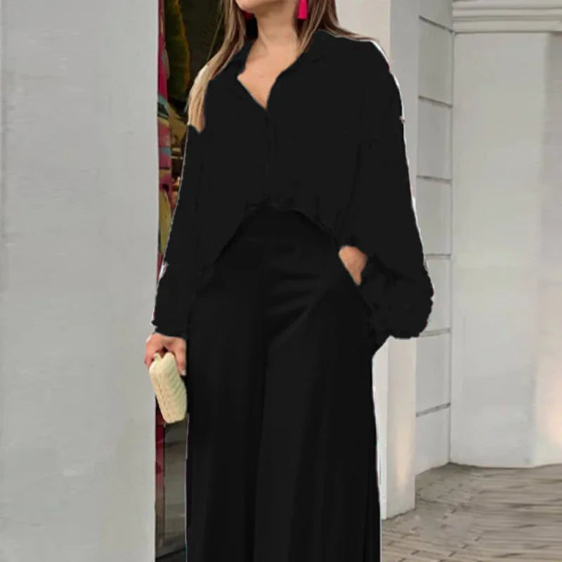 Fashion Casual Set Women 2024 Tops Shirt Elegant Wide Leg Pants Set Sense Of Design Printed Bell Sleeve Shirt Wide Leg Pants SwiftNest