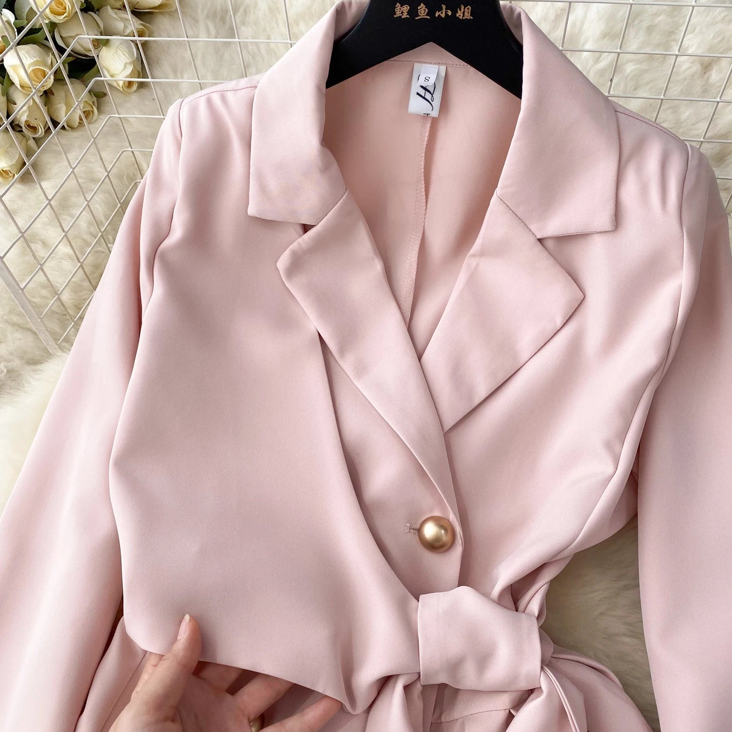 Women's Fashion Trendy Office Coat Dress Ladies Age Reduce Suit Collar Strap Tight Fit Short Pleated Long Sleeve Dress Coat