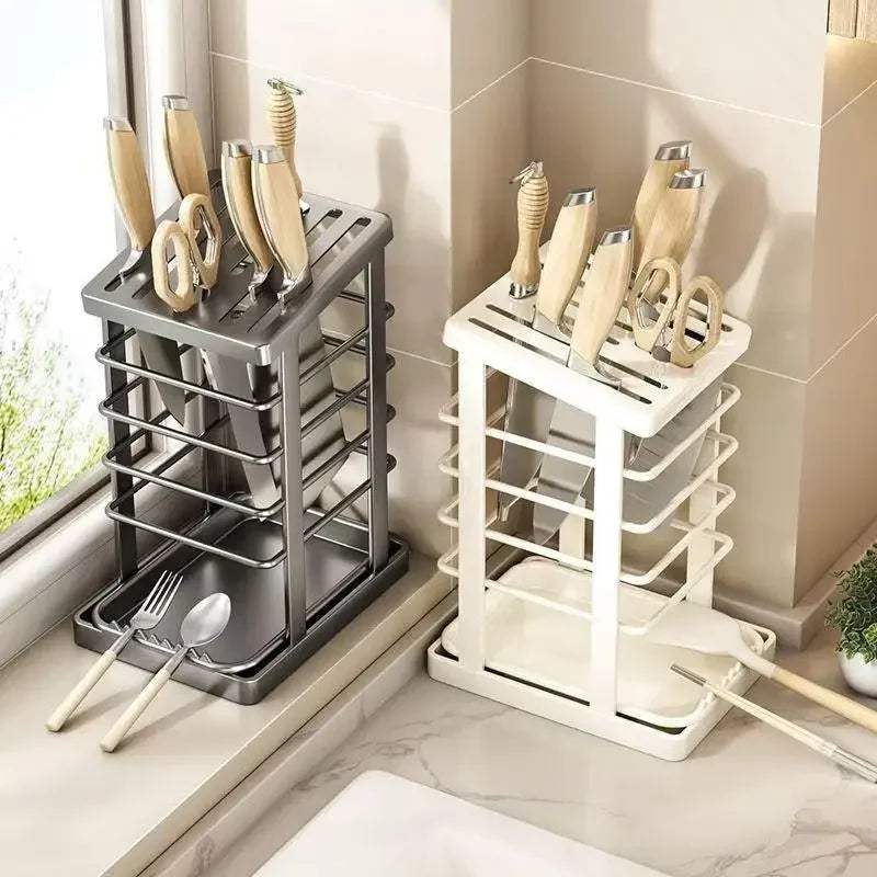 Kitchen Countertop Companion: Multi-function Dish Rack, Knife Holder and Tool Storage with Drain Tray