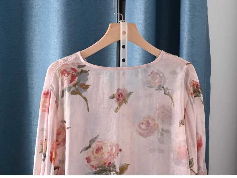 2025 Autumn clothes woman French fashion v neck rose floral print shirts and blouses for women vintage ladies tops