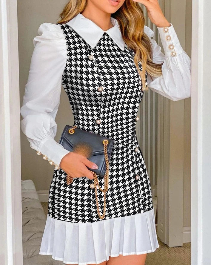 Womens Dresses 2024 Spring Fashion Houndstooth Button Decor Puff Sleeve Ruffle Hem Elegant Turn-Down Collar Daily A Line Dress SwiftNest